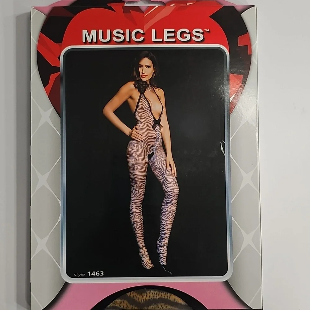 Tiger Print Lace Trim Deep-V Crotchless Bodystocking - Picture 3 of 5